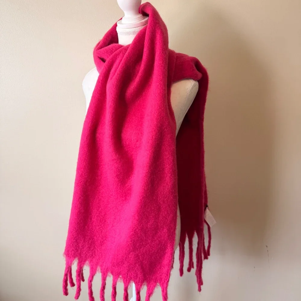 Susan Graver Womens Scarf OS Bold Pink Oversized Brushed Knit Tassel Fringe